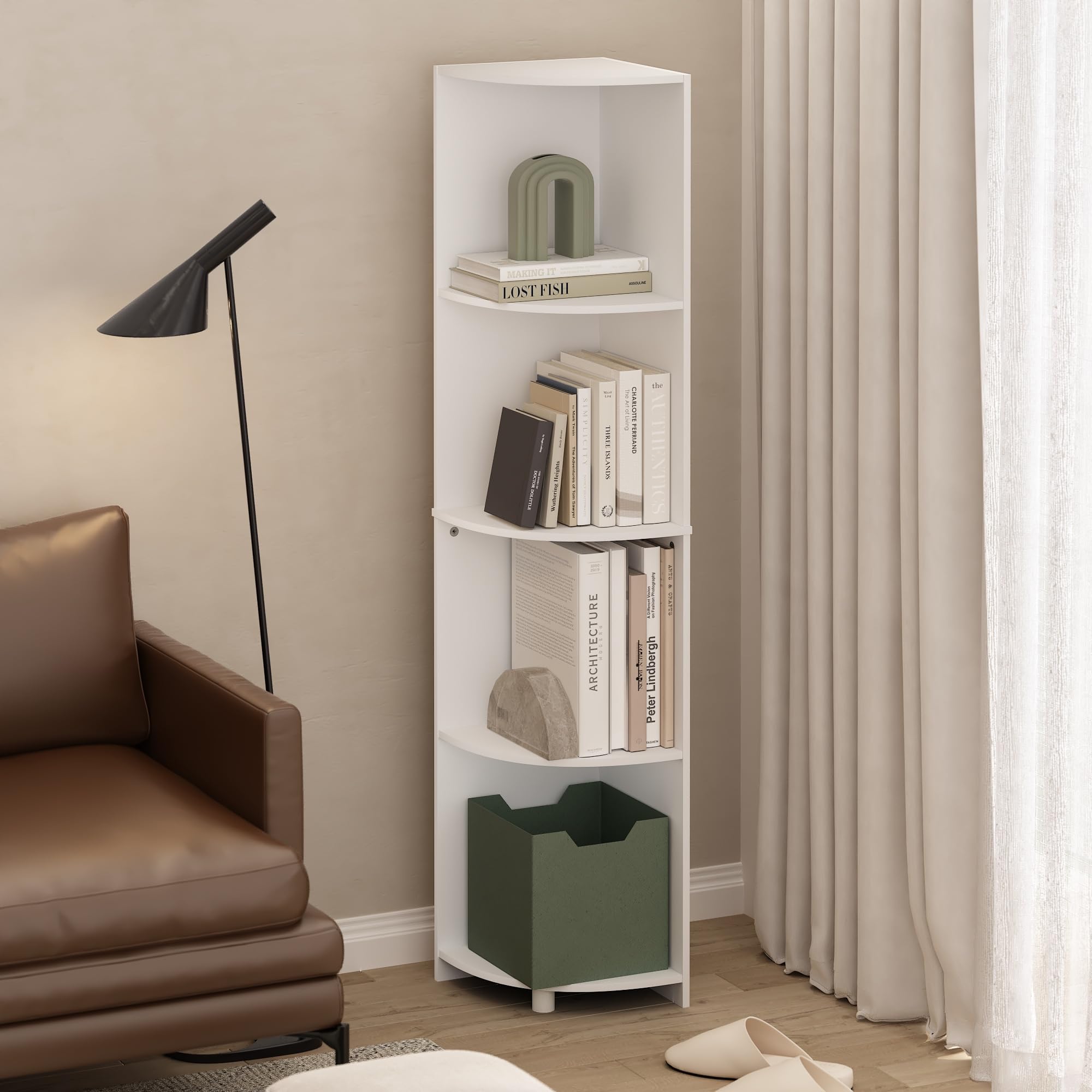 Furinno Econ 4-Tier Corner Shelf Bookcase, Bookshelf, White