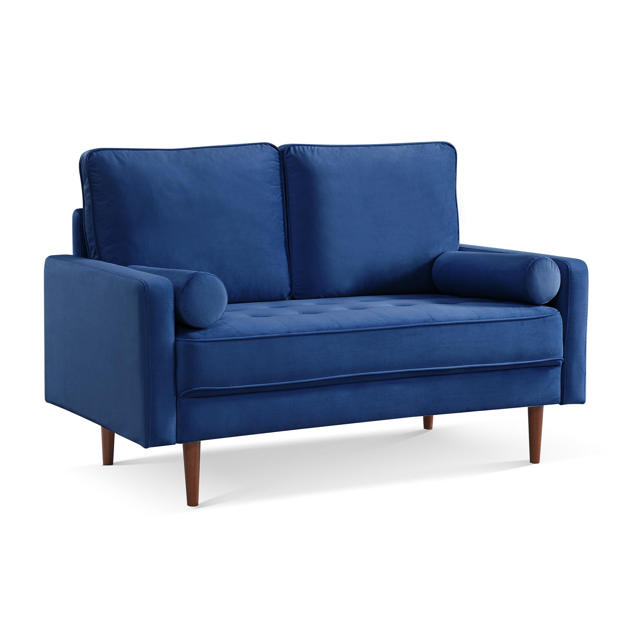 American Furniture Classics Blue 57 Inch Wide Upholstered Two Cushion Loveseat with Bolster Pillows Velvet, 57" x 32" x 37"