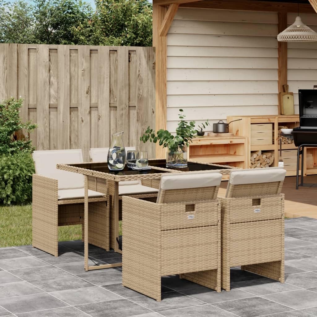 vidaXL Patio Dining Set with Cushions - 5 Piece Beige Poly Rattan Garden Furniture, Foldable Chairs, Tempered Glass Table