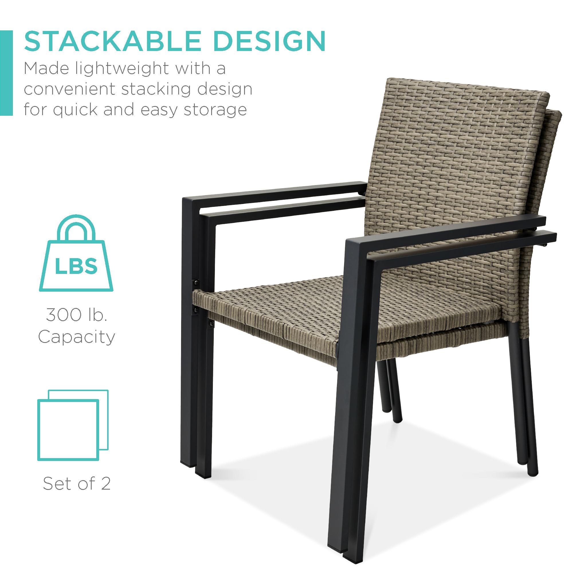 Best Choice Products Set Of 2 Stackable Outdoor Wicker Dining Chairs All-Weather Firepit Armchair W/Armrests, Steel Frame For Patio, Deck, Garden, Yard - Taupe