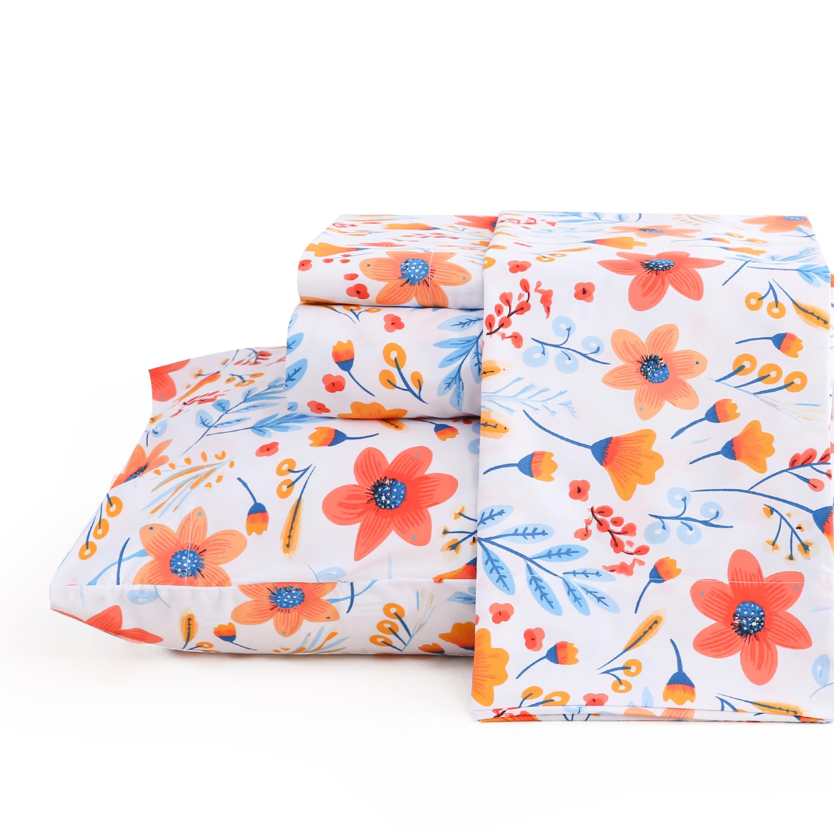 Jsd Blue Watercolor Floral Sheet Set King Size, 4 Piece Printed Microfiber Bed Sheets Deep Pocket