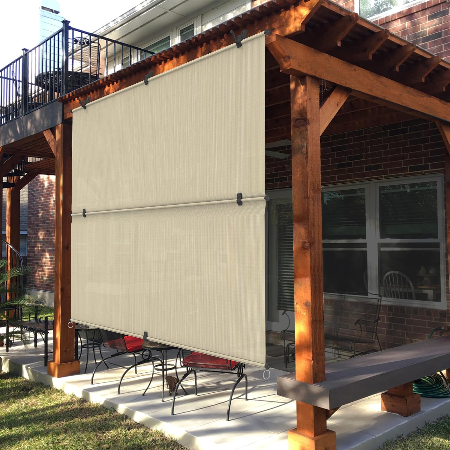 Ecoopts 4'W X 6'L Outdoor Folding Shade, Cordless Fold Shade Blind Sun Shade For Patio Porch Backyard Gazebo Deck Balcony (Beige