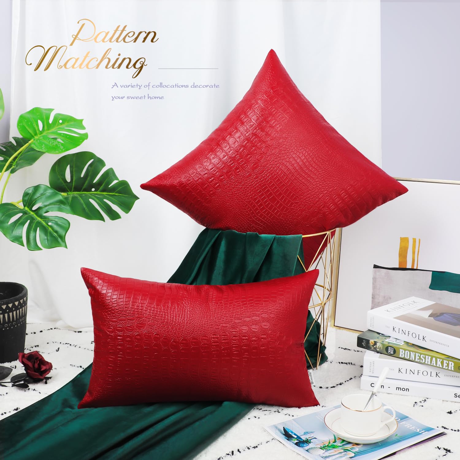 Brawarm Faux Leather Pillow Covers 12 X 20 Inches, Christmas Red Leather Pillow Covers Pack Of 2, Crocodile Leather Decorative L
