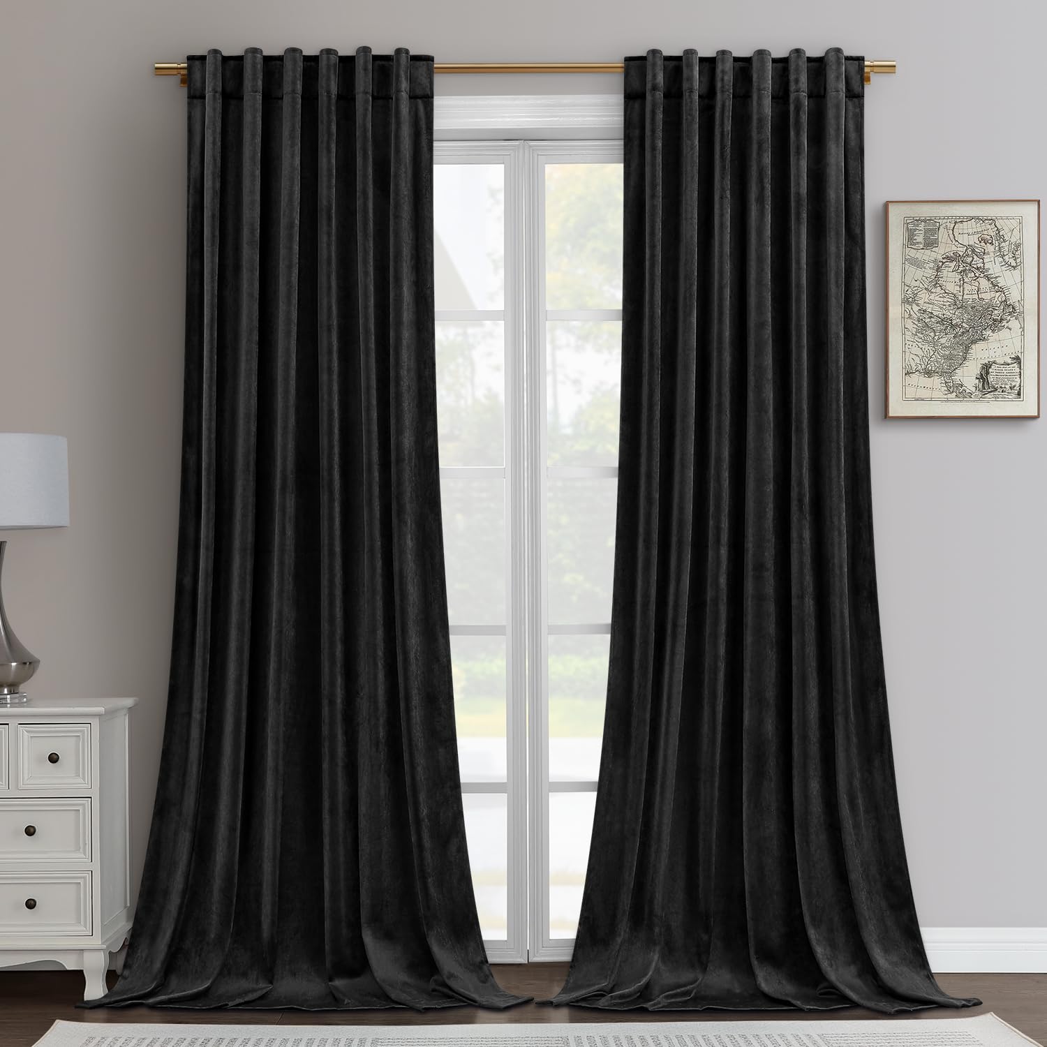 Homeideas Black Velvet Blackout Curtains 52 X 96 Inches, 2 Panels Soft And Thick Room Darkening Curtains/Drapes, Thermal Insulat
