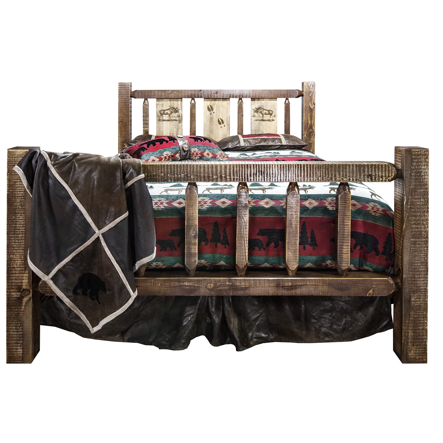 Montana Woodworks Homestead Collection Queen Bed w/Laser Engraved Moose Design, Stain & Clear Lacquer Finish