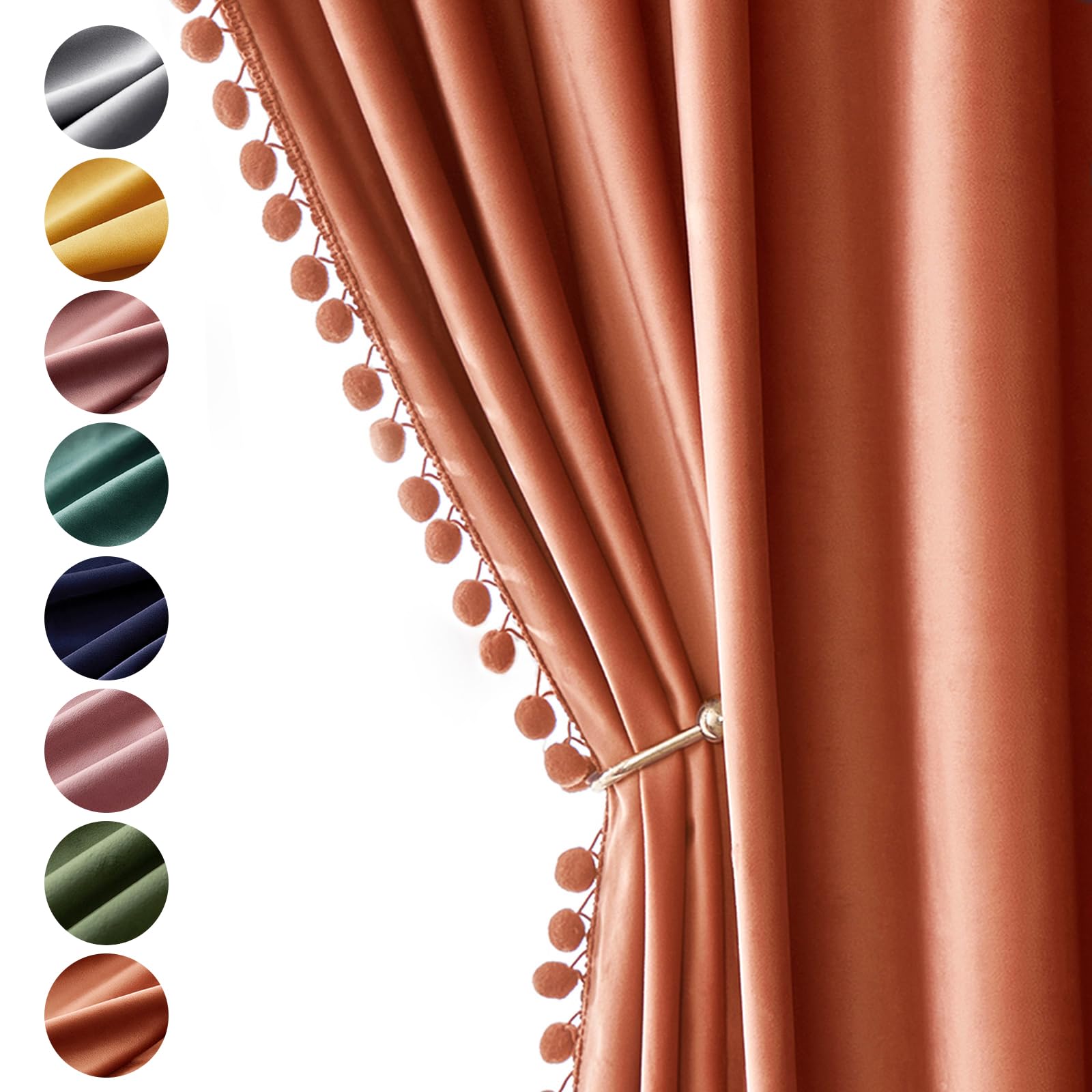 Miulee Fall Burnt Orange Pom Pom Velvet Curtains For Bedroom/Living Room Darkening Thermal Insulating 63 Inches Long Blackout Cu