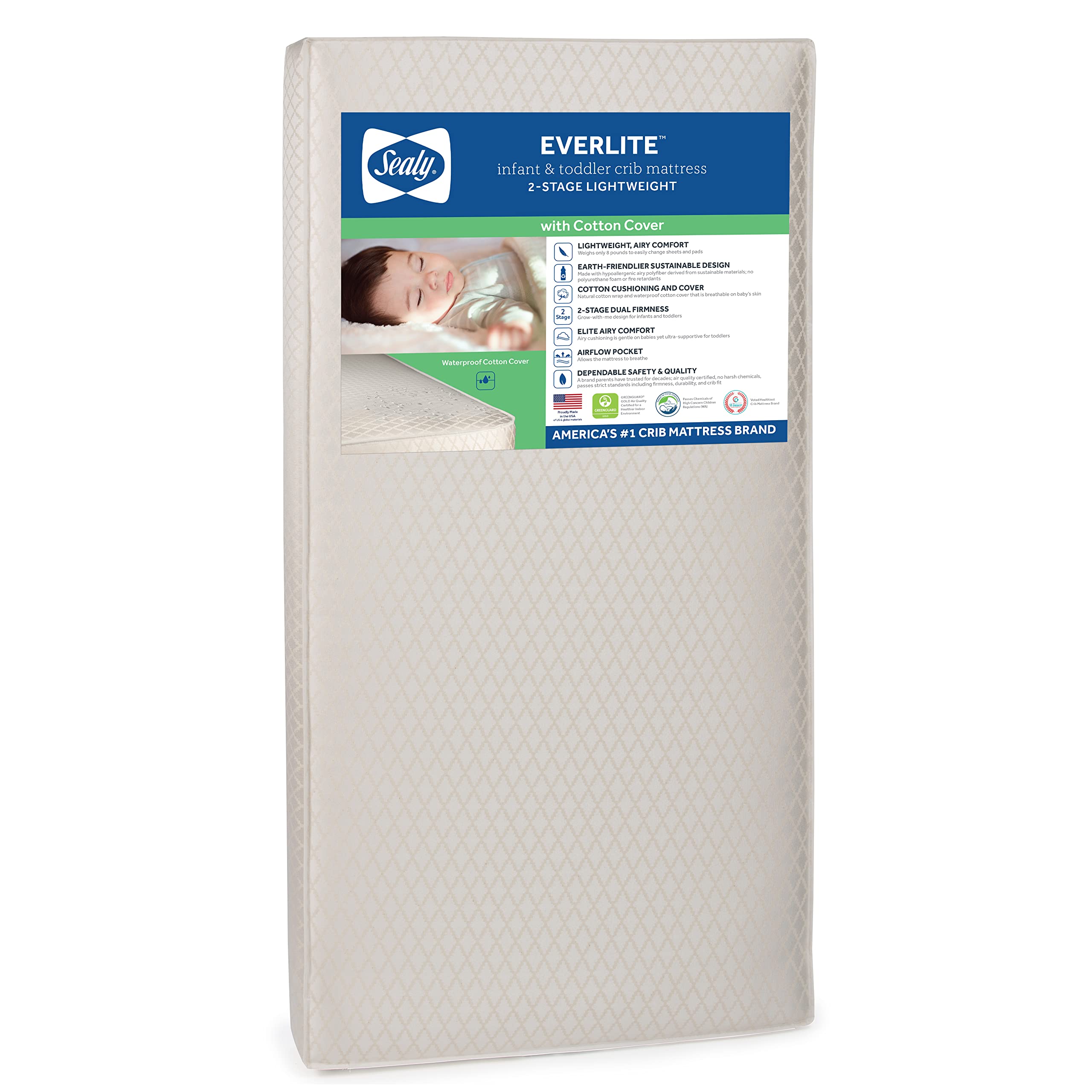 Sealy Everlite 2-Stage Dual Firmness Lightweight Waterproof Baby Crib Mattress And Toddler Bed Mattress, Made In Usa, 52