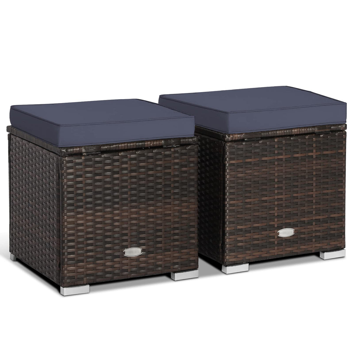 Happygrill 2 Pcs Patio Ottoman Set Outdoor Wicker Stool With Storage, Rattan Footrest Ottoman With Solid Metal Frame And Cushion For Backyard Poolside Garden Balcony