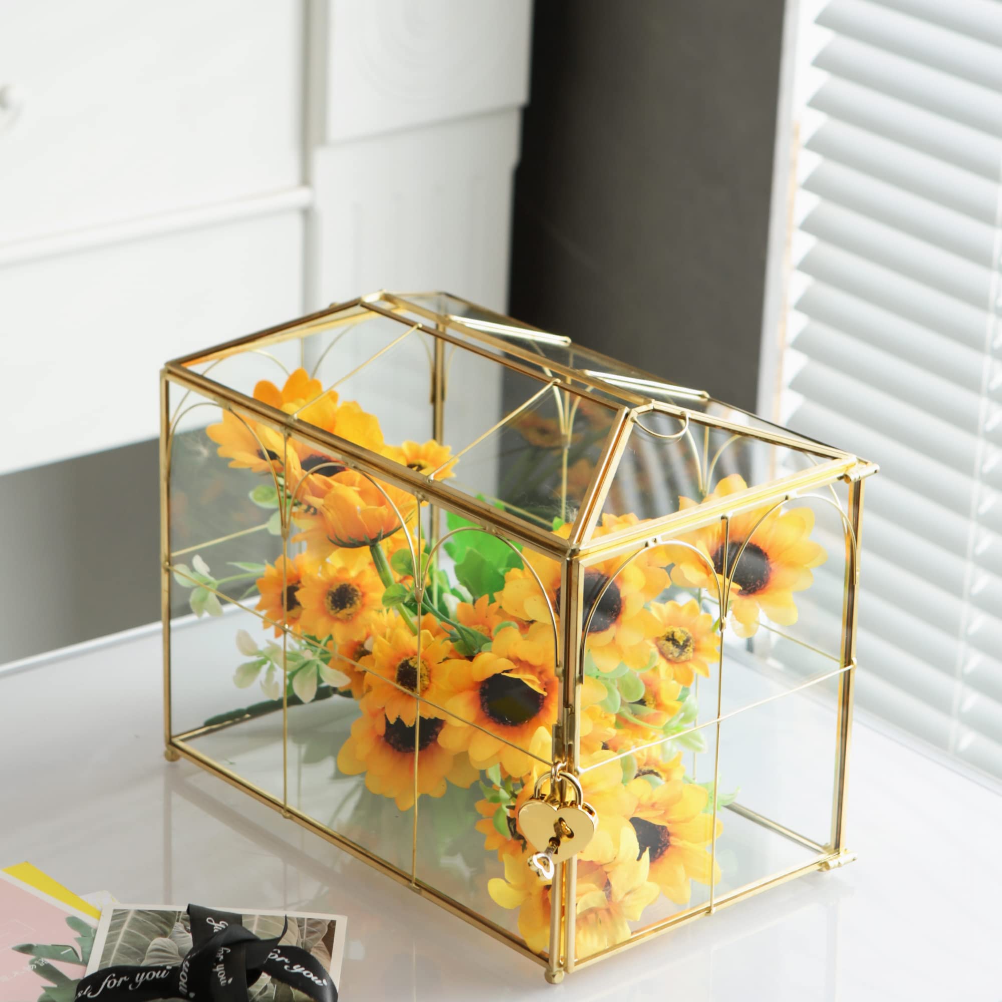 Giadun Glass Card Box With Slot, 10.2 Inch Large Gold Clear Card Box For Wedding Receptions, Decorative Storage Box With Lock Fo