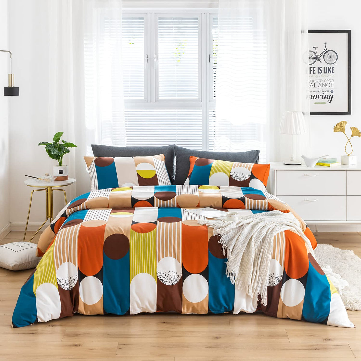 Susybao Polka Dots Geometric Duvet Cover King 100% Cotton Colorful Striped Duvet Cover 3 Pcs Set 1 White Brown Circle Patterned