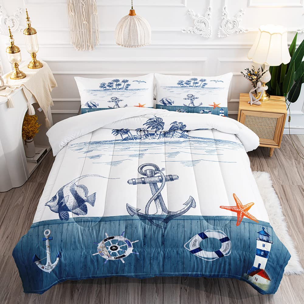 Suncloris Nautical Sailboat Comforter Set For Kids And Adults, Queen Size Anchor Rudder Themed Bedding Comforter With 2 Coastal