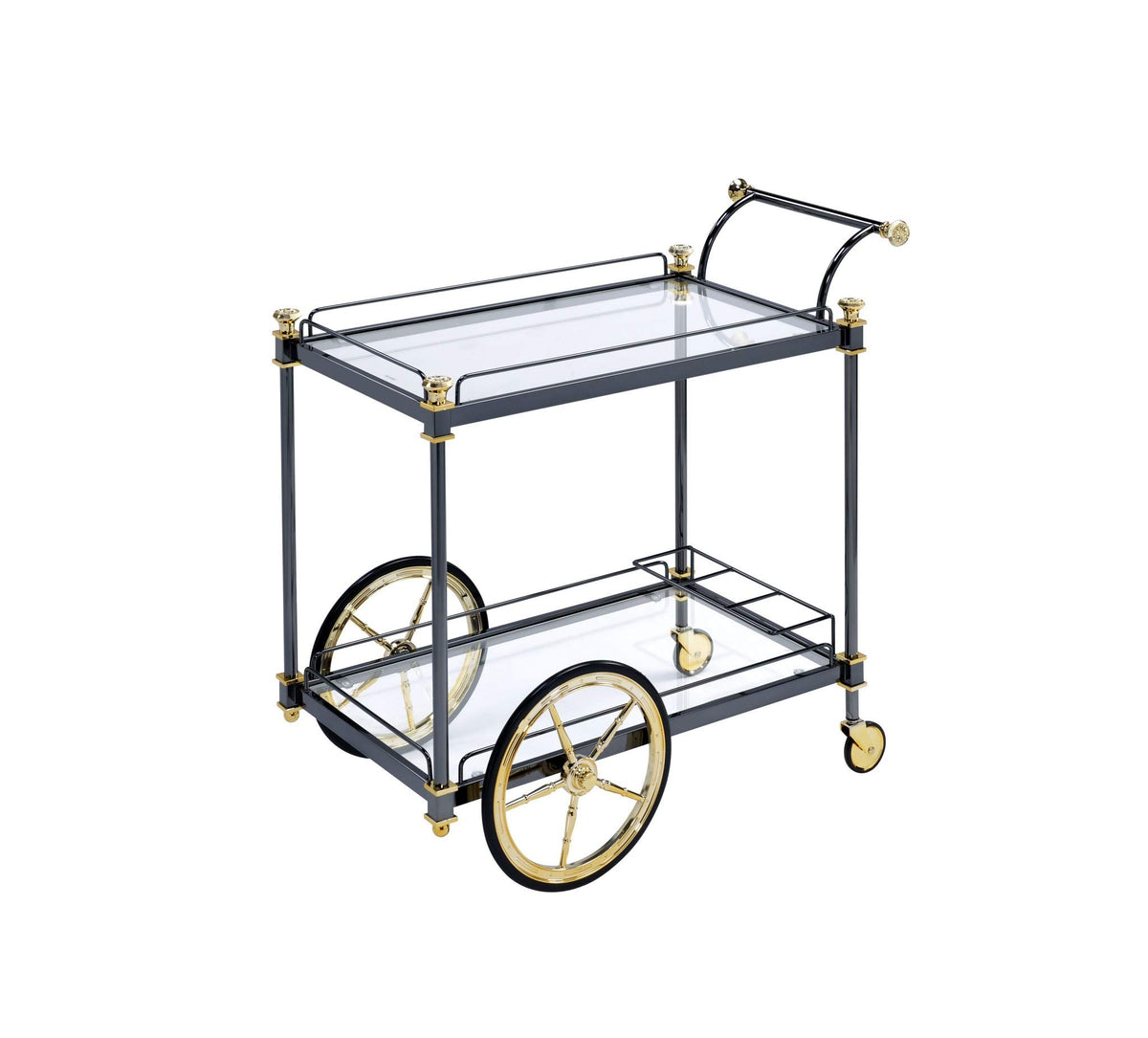 HomeRoots Metal, Glass, Casters 20' X 31' X 31' Black Gold Clear Glass Metal Casters Serving Cart