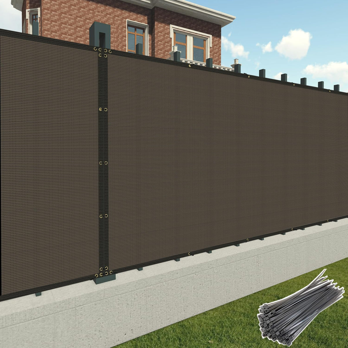 Patio 4 X 12 Fence Privacy Screen Brown Commercial Grade Mesh Shade Fabric With Brass Gromment Outdoor Windscreen With Zipties