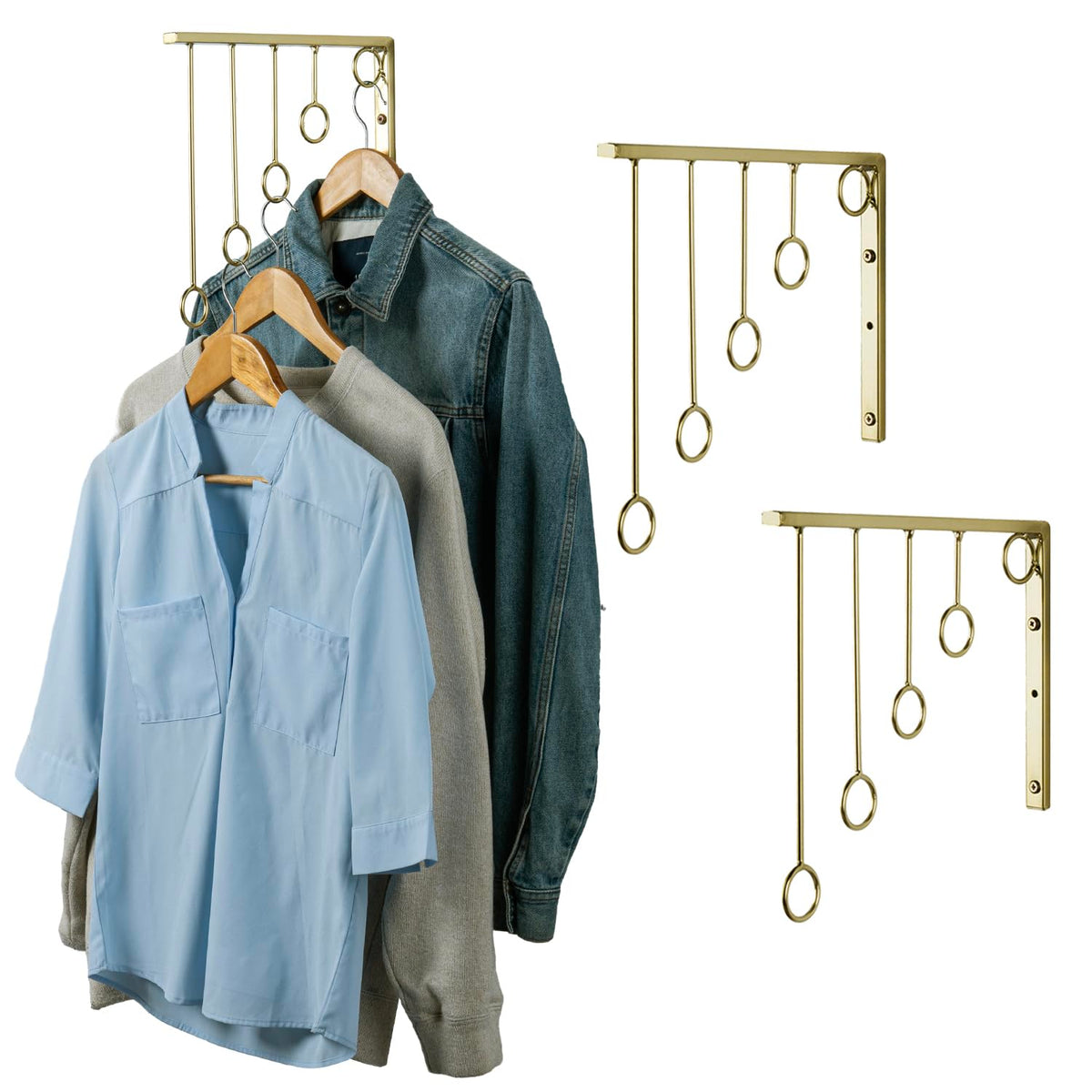 MyGift Gold Tone Wall Mounted Garment Rack with 5 Hanging Rings, 3 Pack