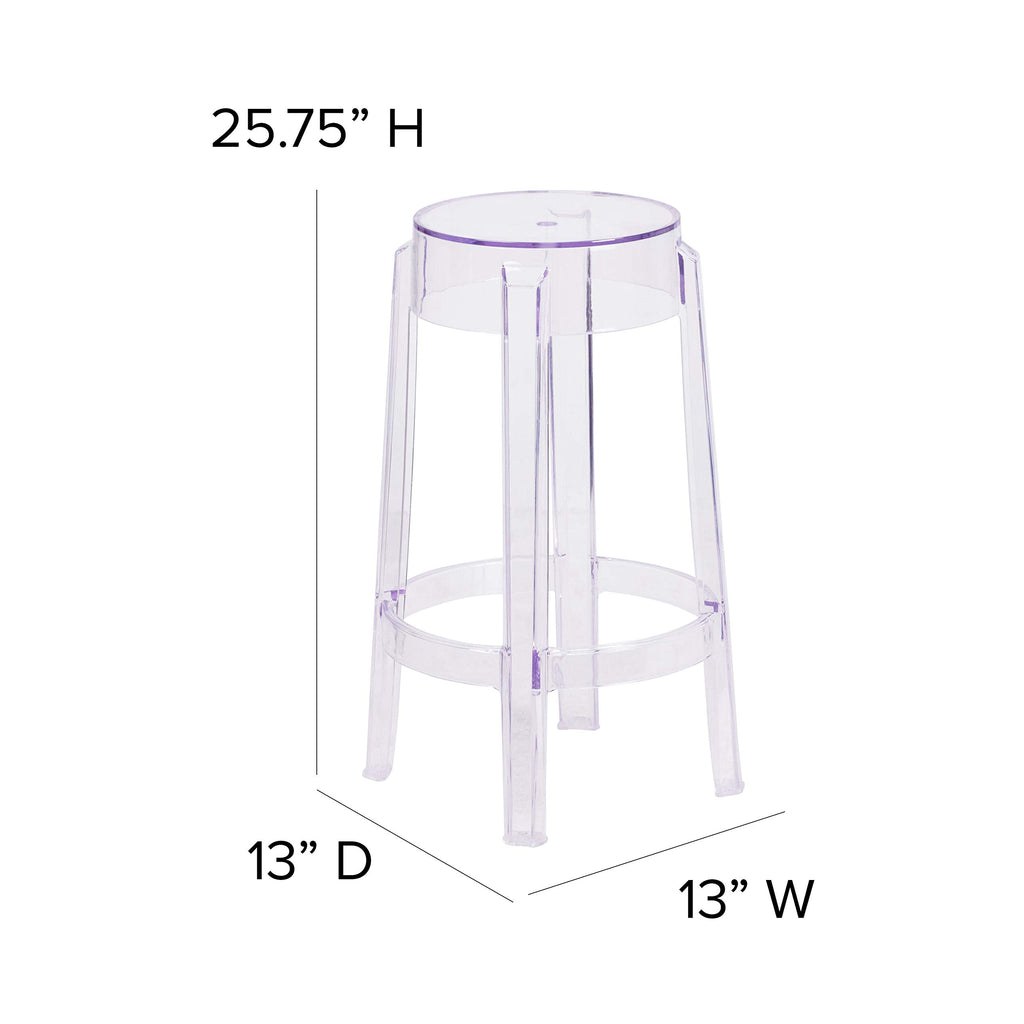 Flash Furniture Laney 25.75" Indoor/Outdoor Counter Height Transparent Dining Stool with Foot Ring, Stackable Ghost Counter Height Stool, Transparent