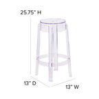 Flash Furniture Laney 25.75" Indoor/Outdoor Counter Height Transparent Dining Stool with Foot Ring, Stackable Ghost Counter Height Stool, Transparent