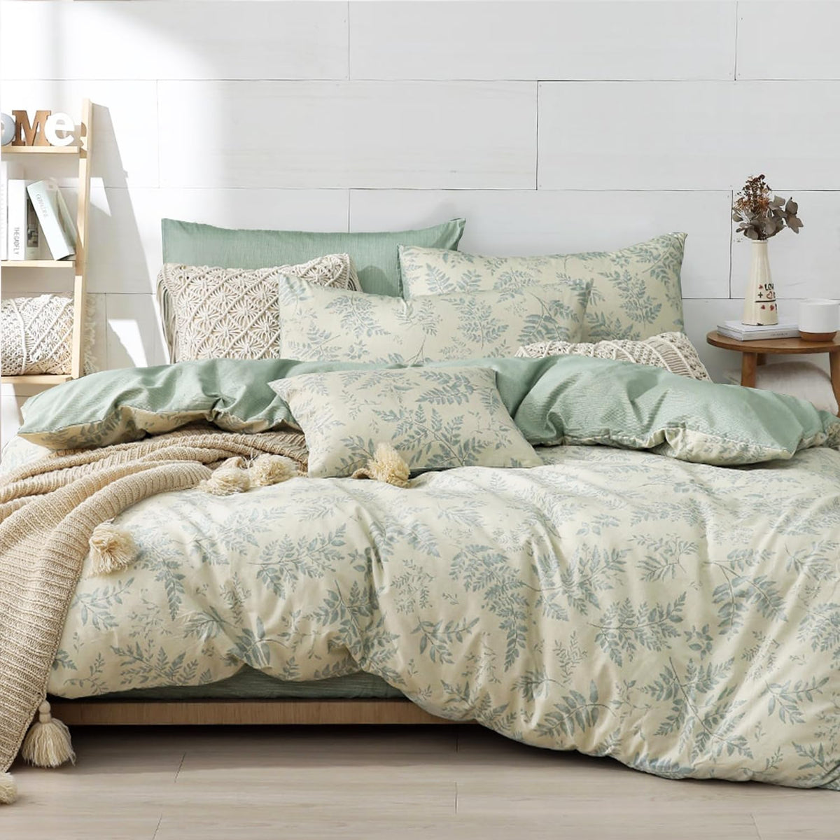 Lemiroe Botanical Cotton Comforter King Size - Dusty Green Comforter Printed With Luxrious Bluish-Grey Ferns On Beige,Reversible