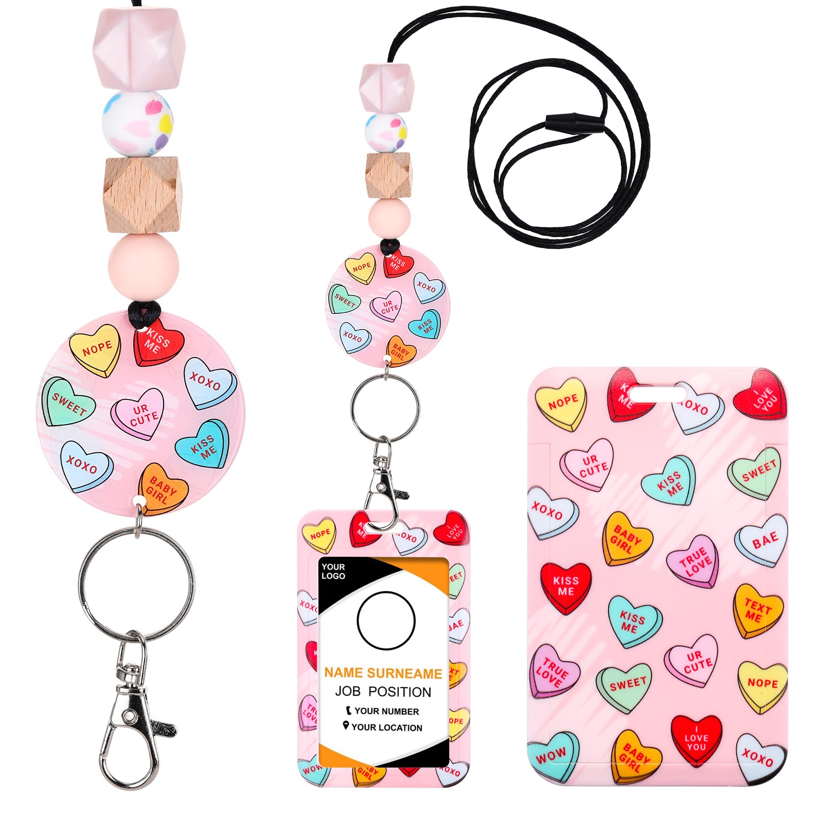 Valentine Lanyards For Id Badges - Cute Hearts Lanyard With Id Holder, Silicone Beaded Accessories Bachelorette Party Pink Name
