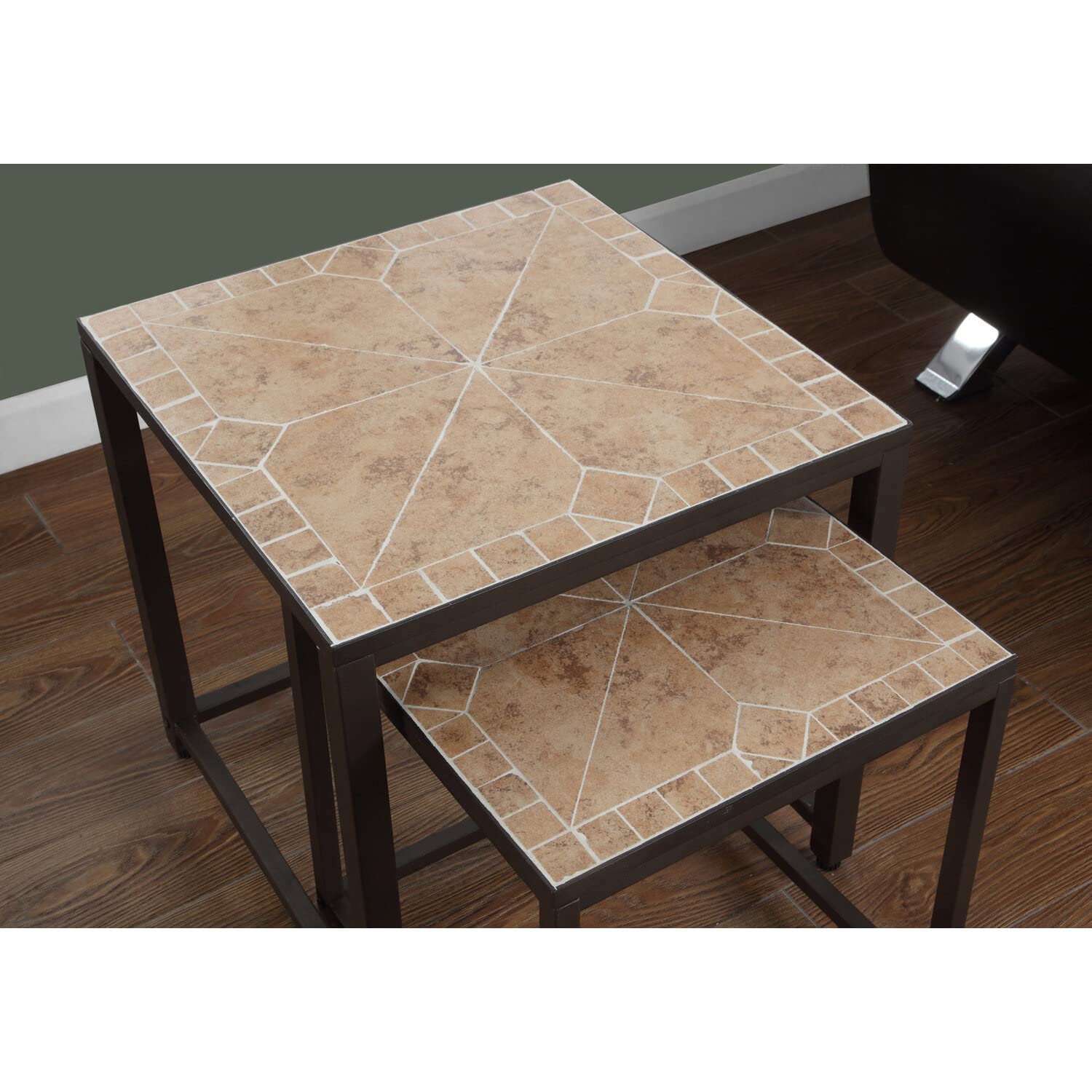 Monarch Specialties 3161 Nesting Table, Set Of 2, Side, End, Accent, Living Room, Bedroom, Metal, Tile, Brown, Transitional Table-2Pcs Set/Terracotta Top, 20&quot; L X 20&quot; W X 20&quot; H