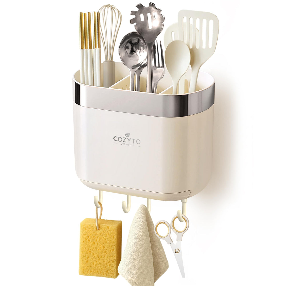 COZYTO LuxTray U1Pro Wall Mounted Utensil Holder  Kitchen Organizer with Hooks, Dividers & Drain Tray, NoDrill Adhesive Wall 