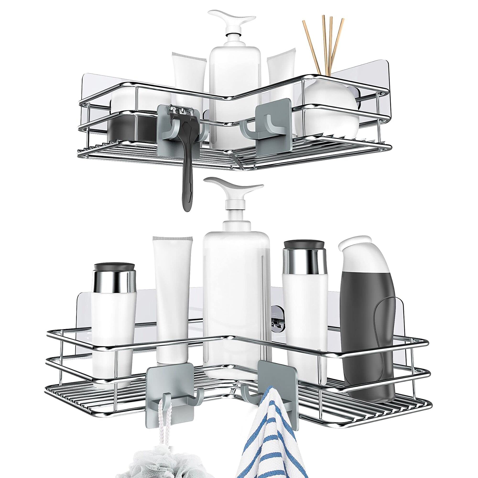 Nieifi Corner Shower Shelves Stainless Steel, Adhesive Shower Caddy Basket Rack with Hooks, Rust Proof for Bathroom Shelf Shampo