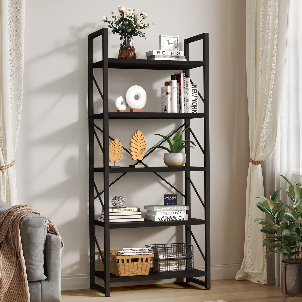 Yitahome 5 Tiers Bookshelf, Industrial Artsy Grey Bookcase Bookshelves, Book Rack, Storage Rack Shelves Books Holder Organizer For Books Movies In Living Room Home Office, Charcoal Gray + Black