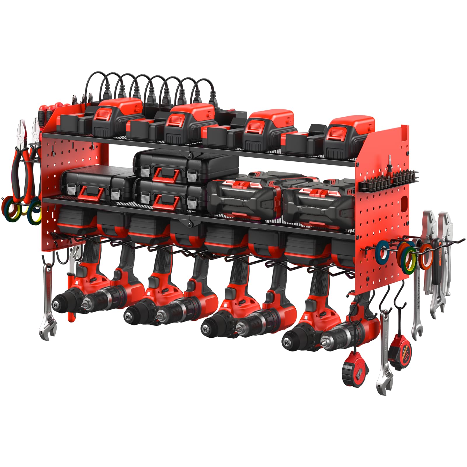 Junnuj Large Pegboard Power Tool Organizer With Charging Station, 8 Drills Driver And Tools Battery Holder Wall Mount With 8 Outlet Power Strip, Red 3-Layer Shop Garage Storage Utility Rack