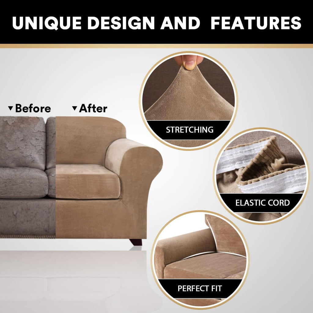 Princedeco 4 Pieces Couch Covers Velvet Couch Covers For 3 Cushion Sofa Soft Furniture Protector With Non Slip Elastic Bottom Washable Couch Covers Width Up To 90 Inch (Large, Camel)