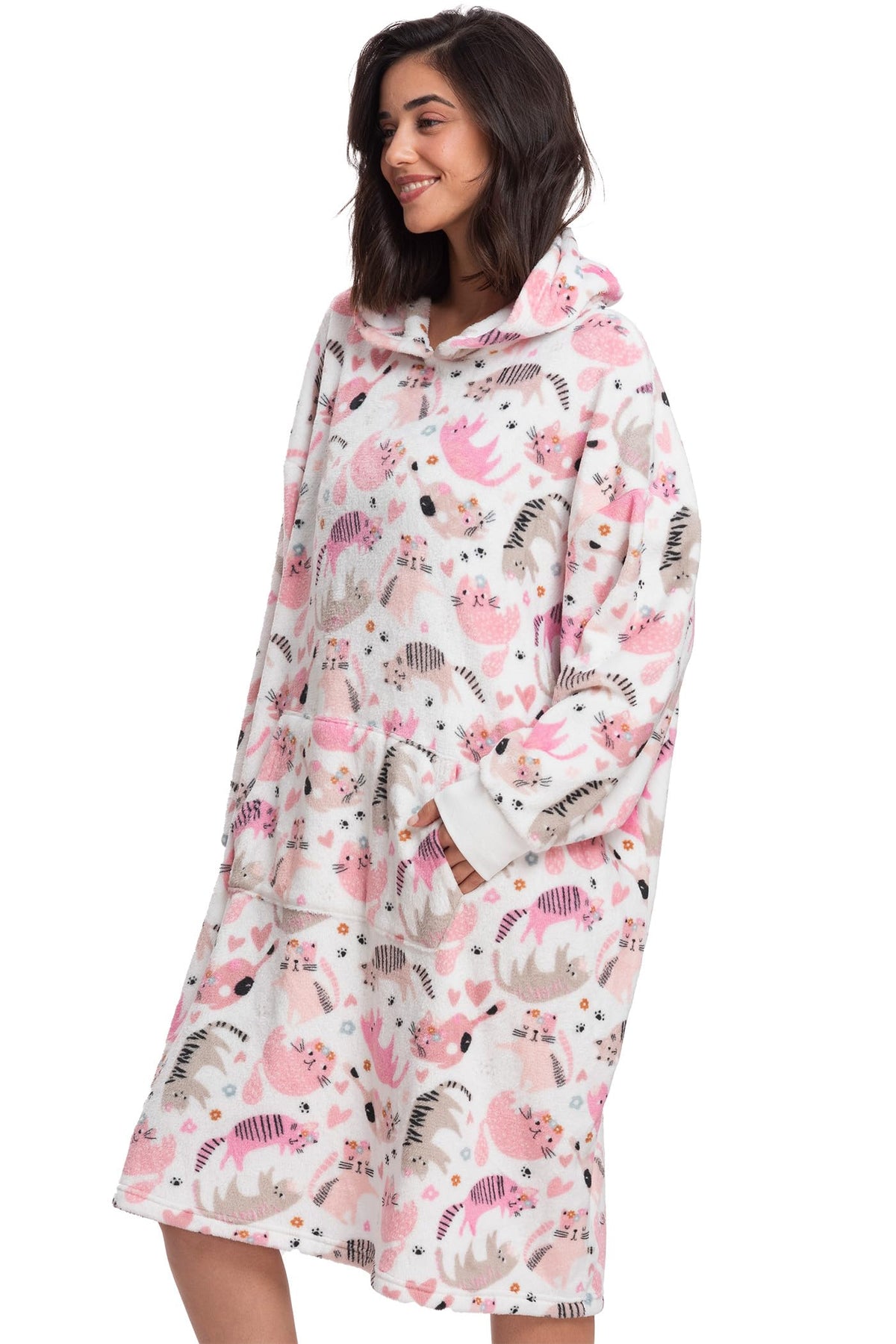 Mad Dog Sherpa Fleece Wearable Blanket Hoodie For Adult Women With Long Sleeves, Cozy Hooded Poncho Jacket, Cats