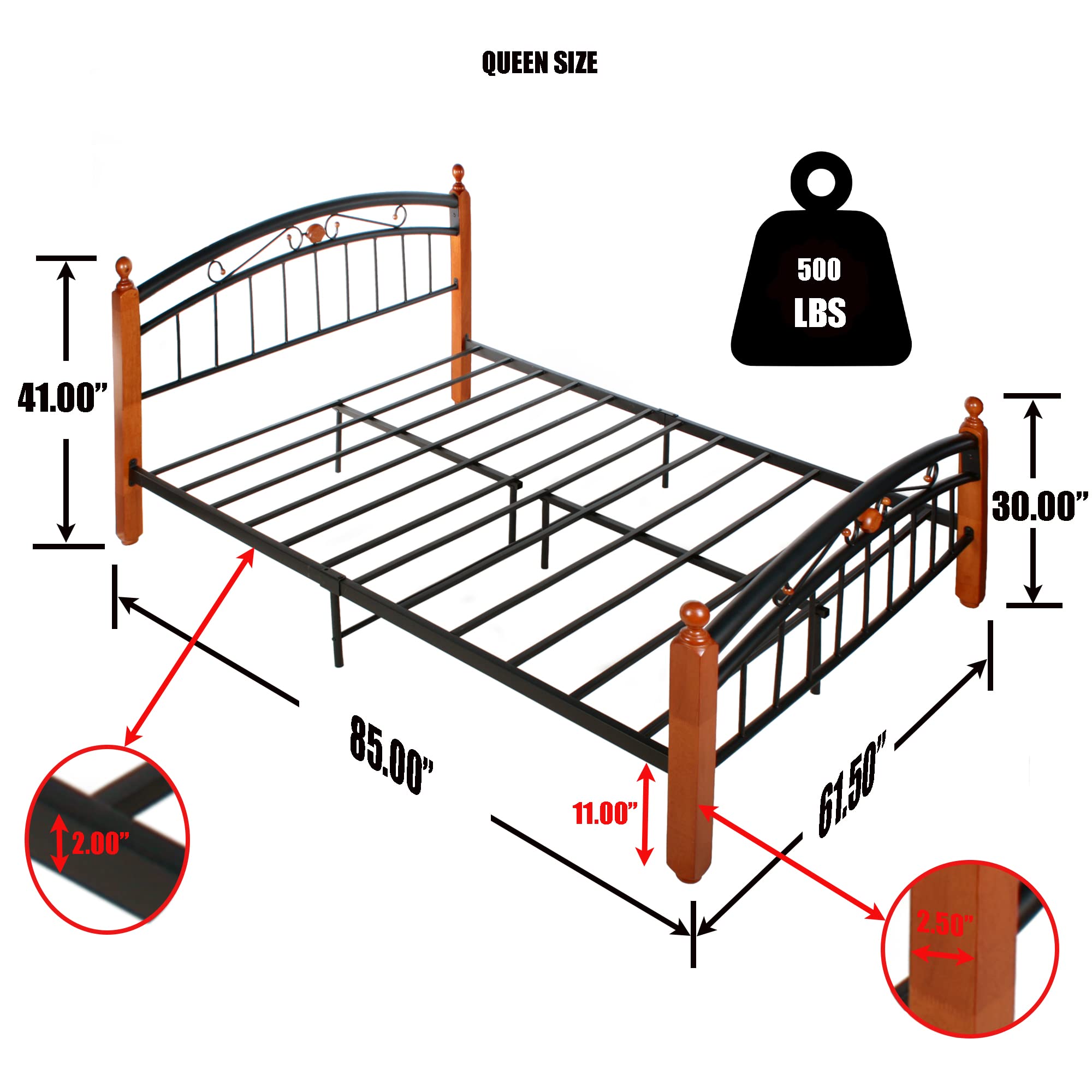 Better Home Products Lexus Metal Bed Frame with Headboard & Footboard in Cherry