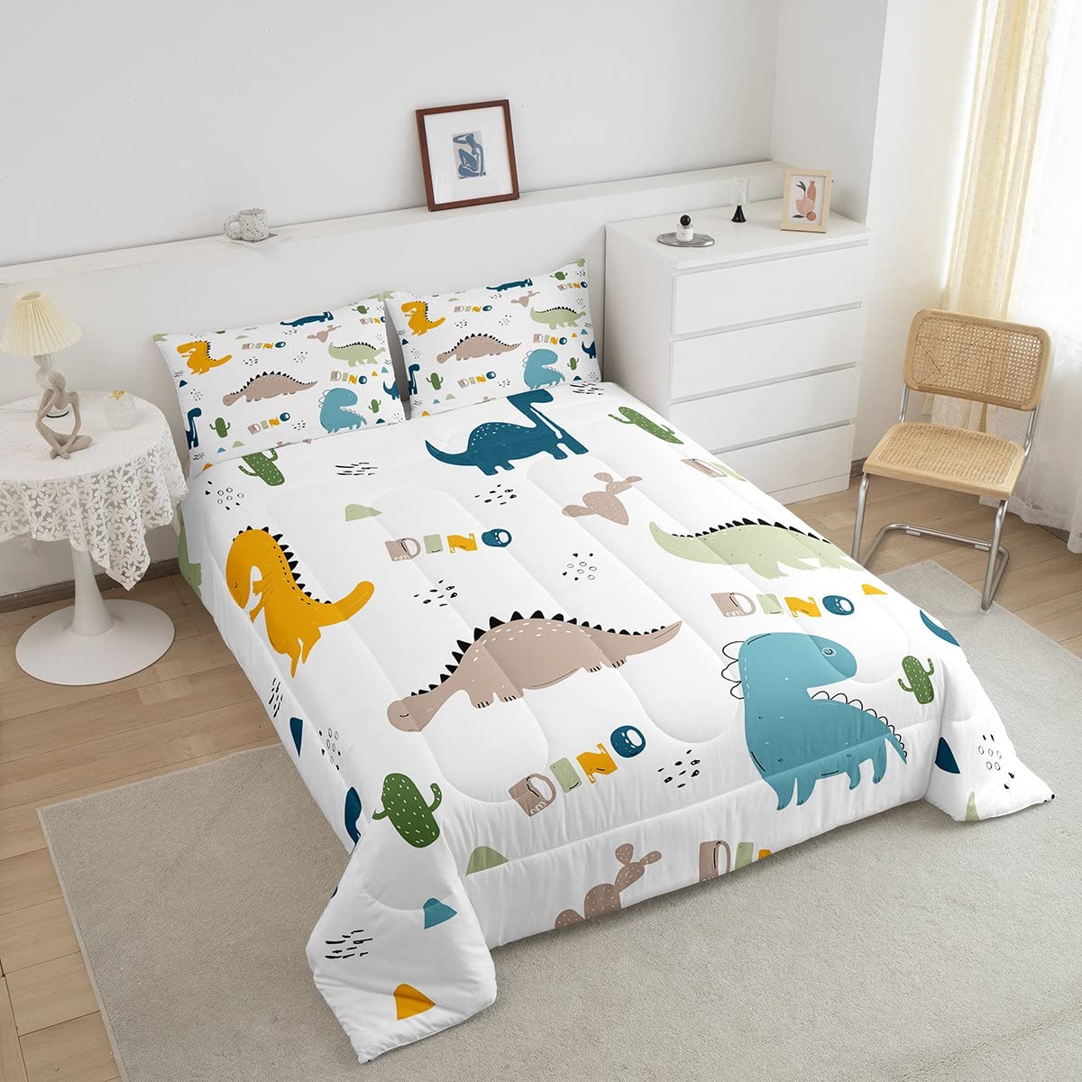 Feelyou Cute Dinosaur Comforter Set Cartoon Cactus Bedding Set Decor Jungle Dino Boho Succulent Comforter Wild Animal Pattern Ye