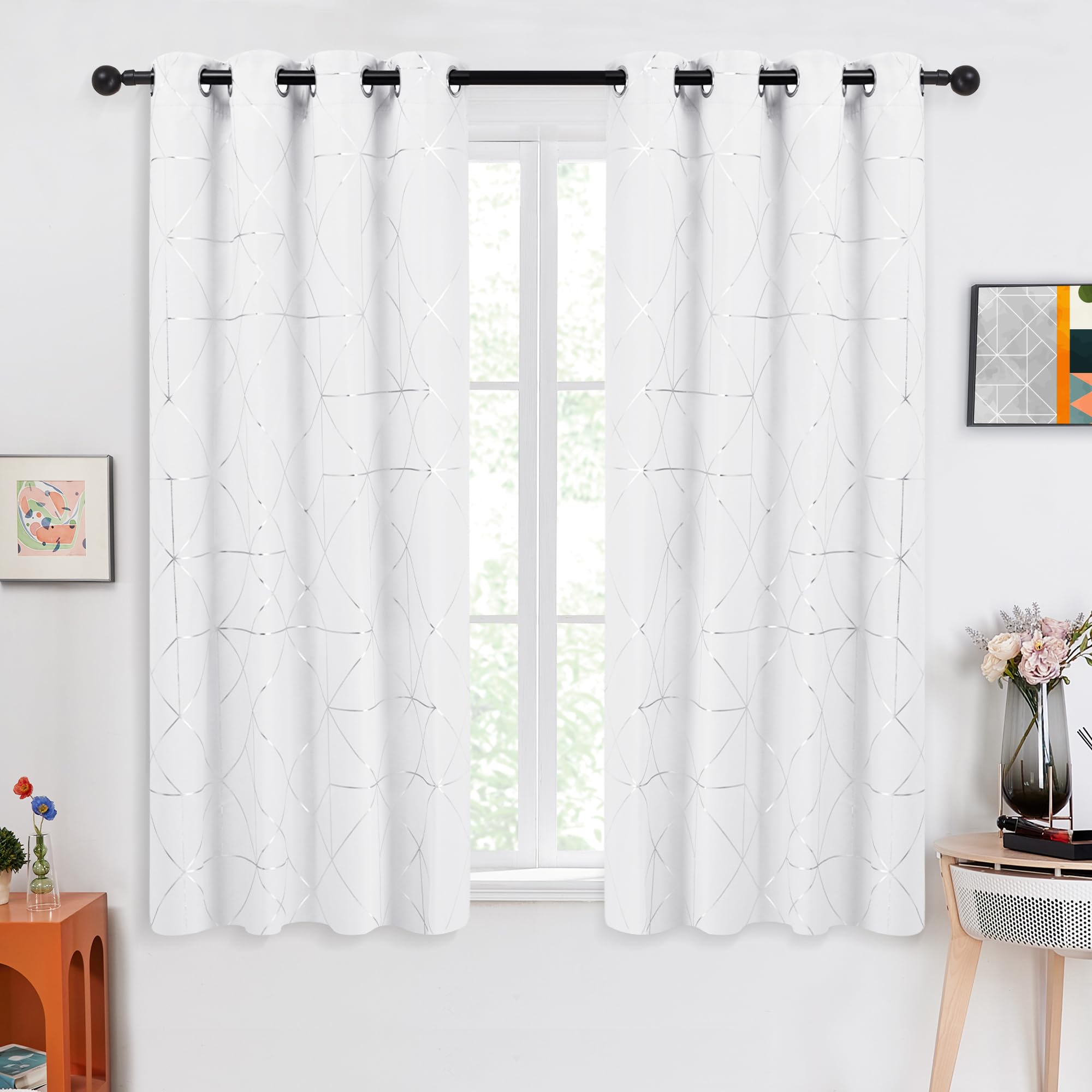 Deconovo Room Darkening Curtains For Small Window, Blackout Curtains 63 Inch Length For Bedroom, Silver Geometric Patterned Grom