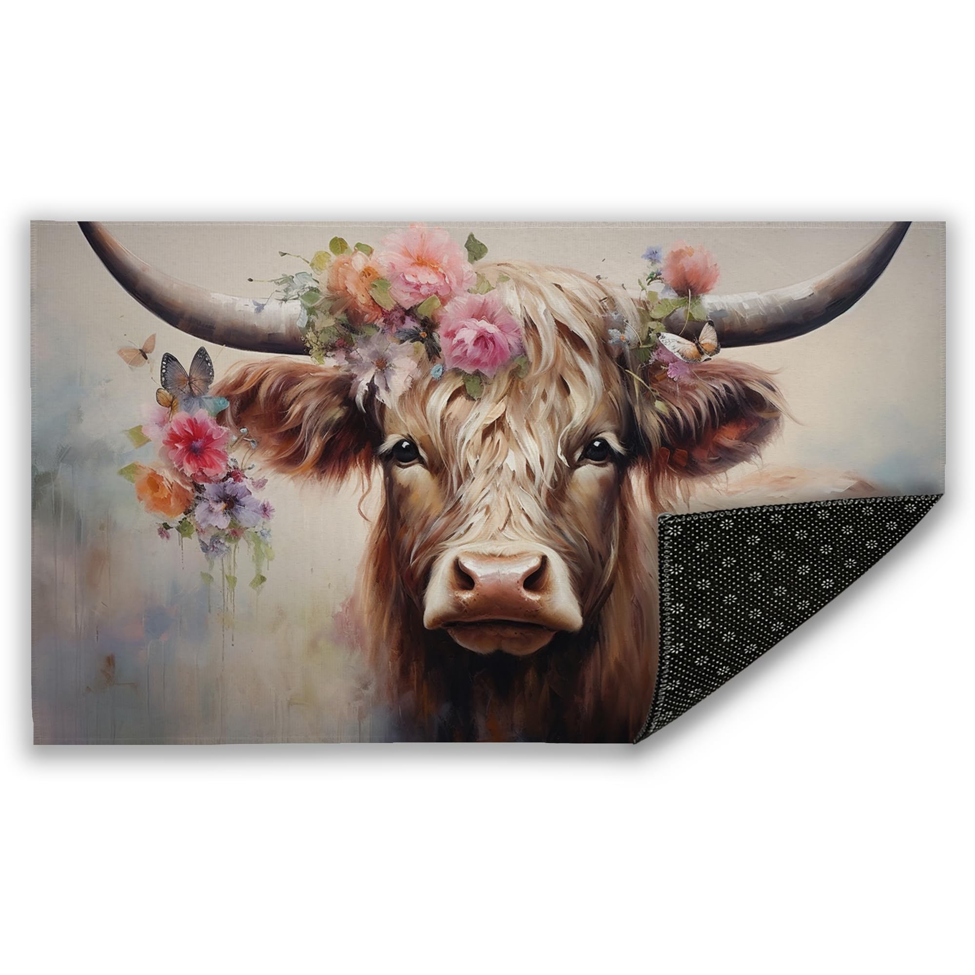 Scottish Cow With Flowers Door Mat, Indoor Outdoor Decor Door Mat Entryway Non-Slip Absorbent Mud Trapper Mats, Floor Mats, Soft