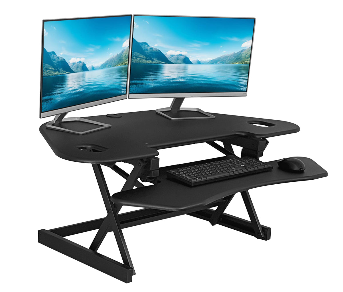 Rocelco 46&quot; Height Adjustable Corner Standing Desk Converter with AC Outlet and USB Charger - Sit Stand Up Dual Monitor Tabletop Riser Workstation - Large Keyboard Tray - Black (R CADRB-46-ACUSB)