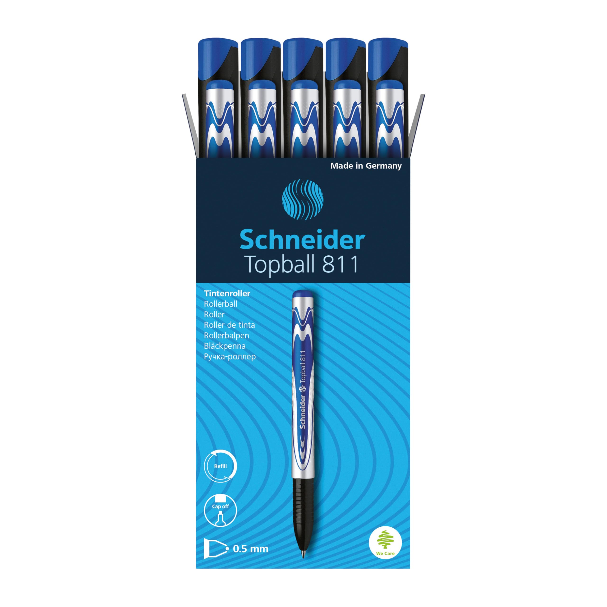 Schneider Topball 811 Rollerball Pen, 0.5 Mm Conical Tip, Refillable, Blue Ink, Box Of 10 Pens (8113)