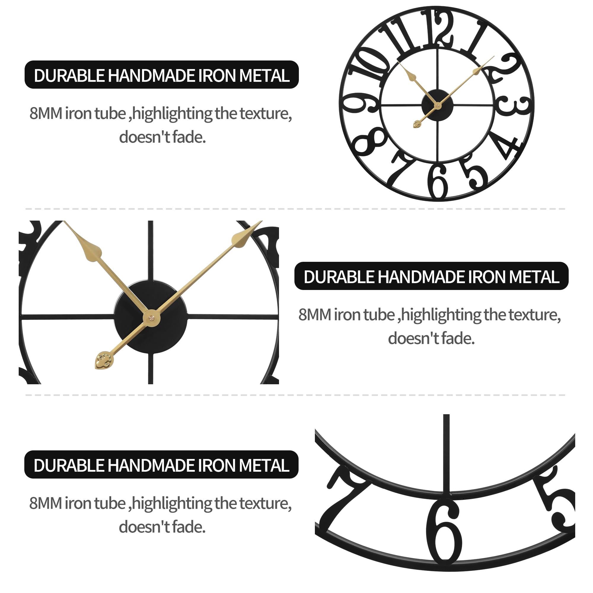 Leike Large Wall Clocks,Silent,Non Ticking,Battery Operated Rustic Round Modern Big Metal Wall Clock For Living Room, Bedroom,Ki
