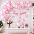 Pink And White Balloon Garland Kit With Happy Birthday Banner, Confetti Balloons, Bow Decorations