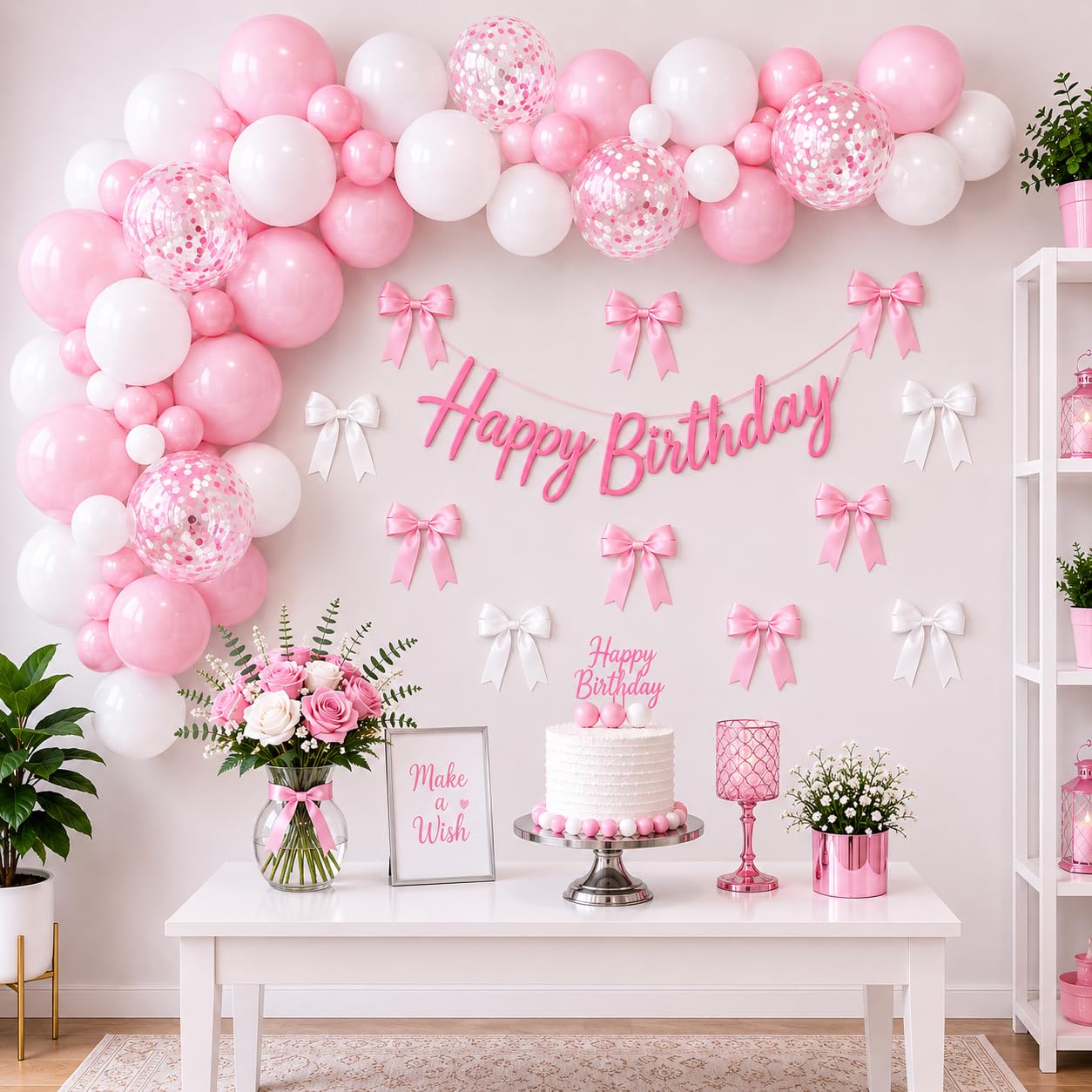 Pink And White Balloon Garland Kit With Happy Birthday Banner, Confetti Balloons, Bow Decorations
