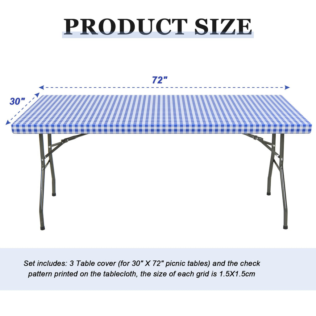 3 Pcs Plastic Picnic Table Cover Checkered Tablecloth Fitted Rectangular Table Cloth 30 X 72 Inch Vinyl Waterproof Flannel Backed With Elastic Rim For Indoor Outdoor Picnic Party(Blue And White)