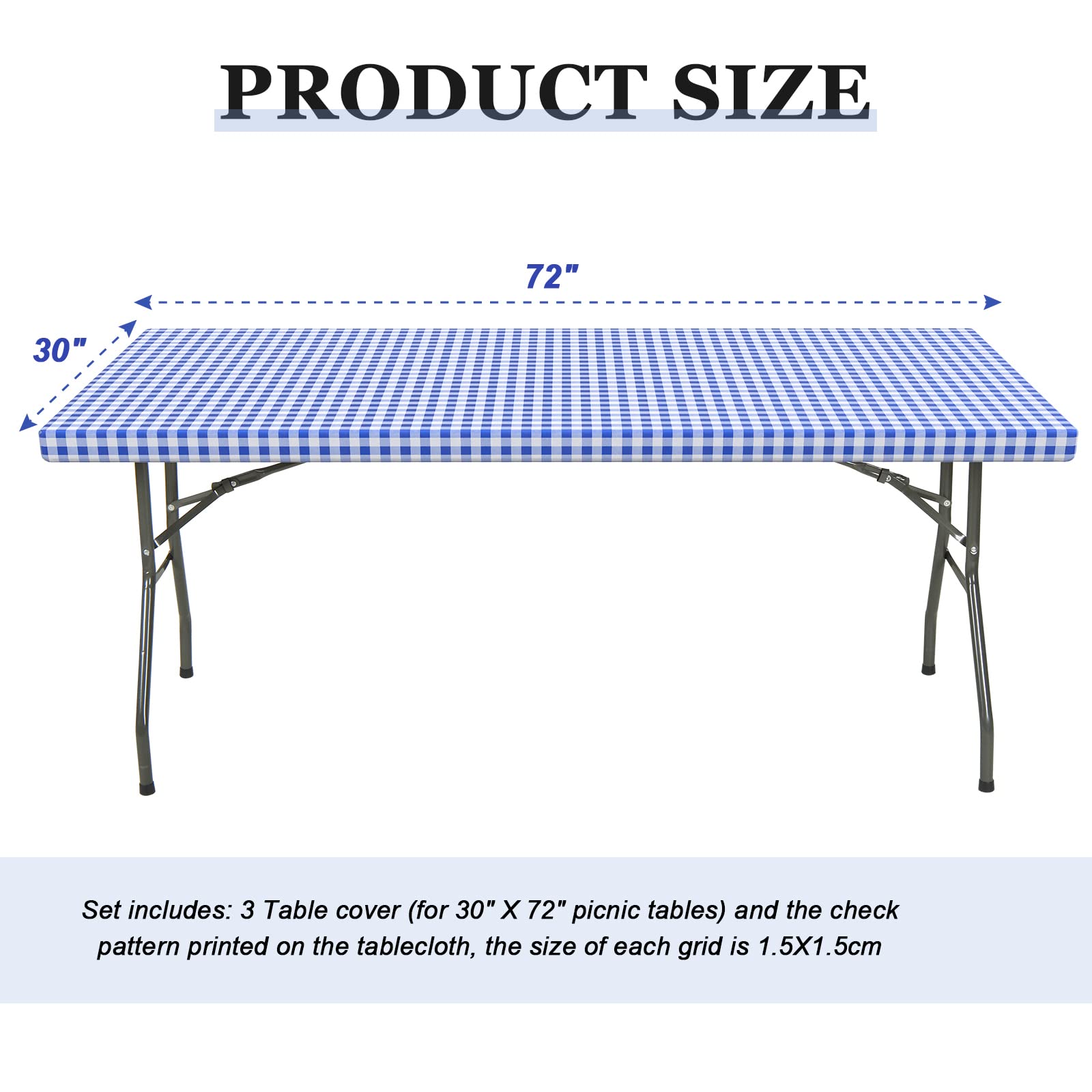 3 Pcs Plastic Picnic Table Cover Checkered Tablecloth Fitted Rectangular Table Cloth 30 X 72 Inch Vinyl Waterproof Flannel Backed With Elastic Rim For Indoor Outdoor Picnic Party(Blue And White)