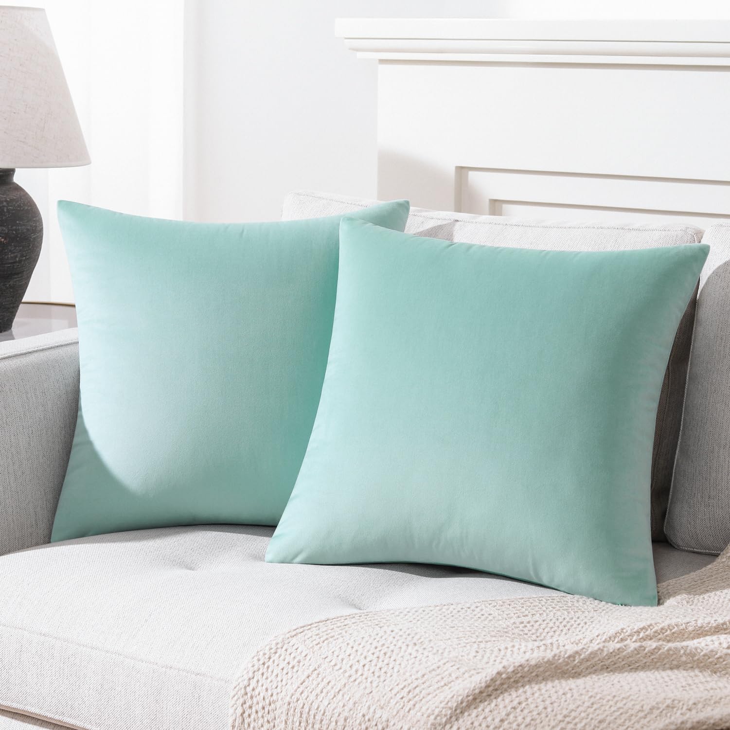 Mixhug Set Of 2 Cozy Velvet Square Decorative Throw Pillow Covers For Couch And Bed, Turquoise, 18 X 18 Inches