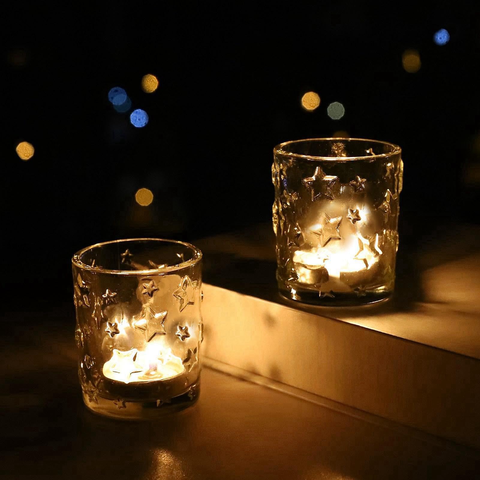 VOHO Votive Candle Holders Bulk Sparkle Stars Design for Centerpiece Table Decorations, Clear Tea Lights Candle Holder Set of 12