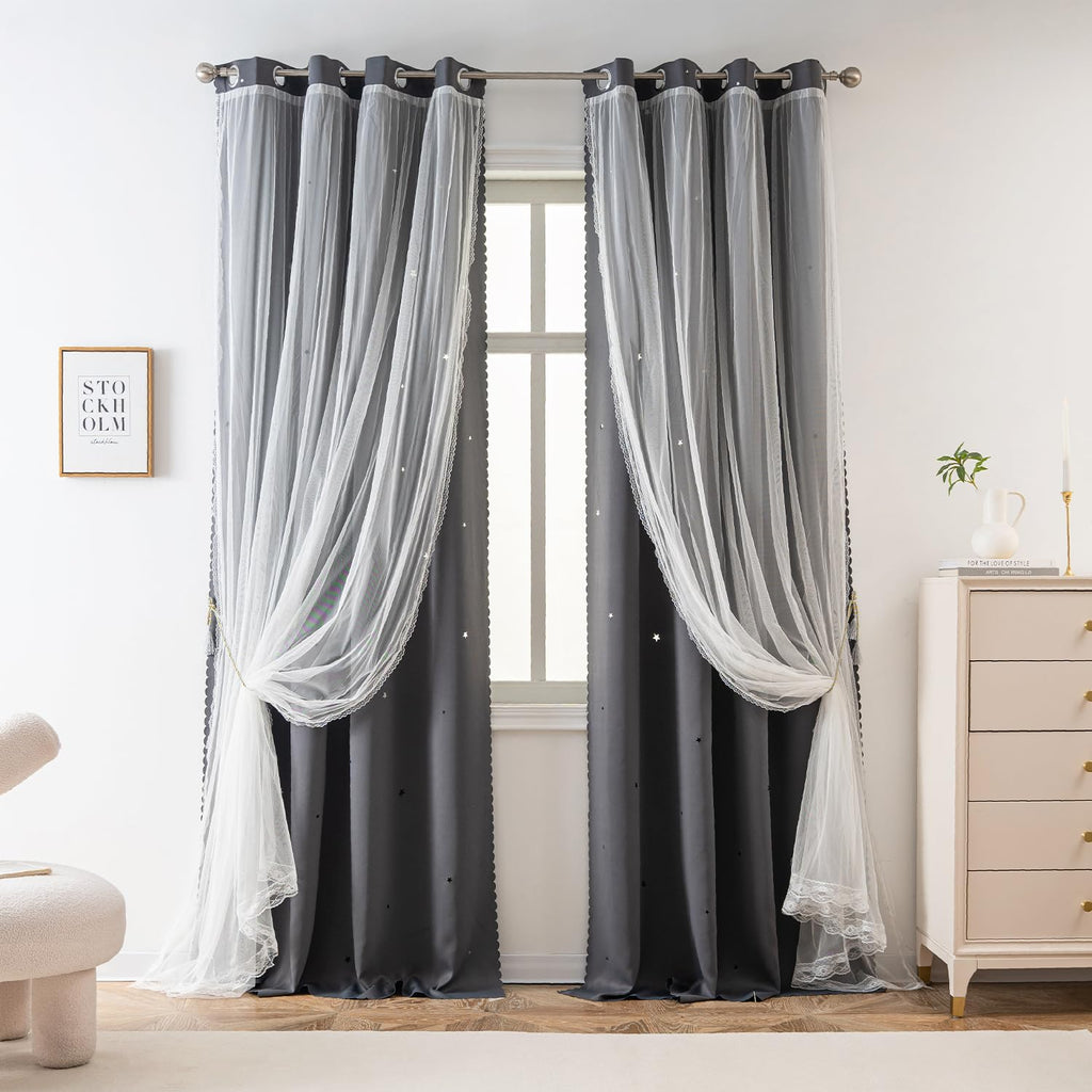 Yancorp Grey Curtains For Bedroom Living Room Thermal Insulated Kids Curtain Hollow-Out Star Window Nursery Curtain 63 Inches Length Room Darkening Grommet(Grey,52 * 63),1 Panel