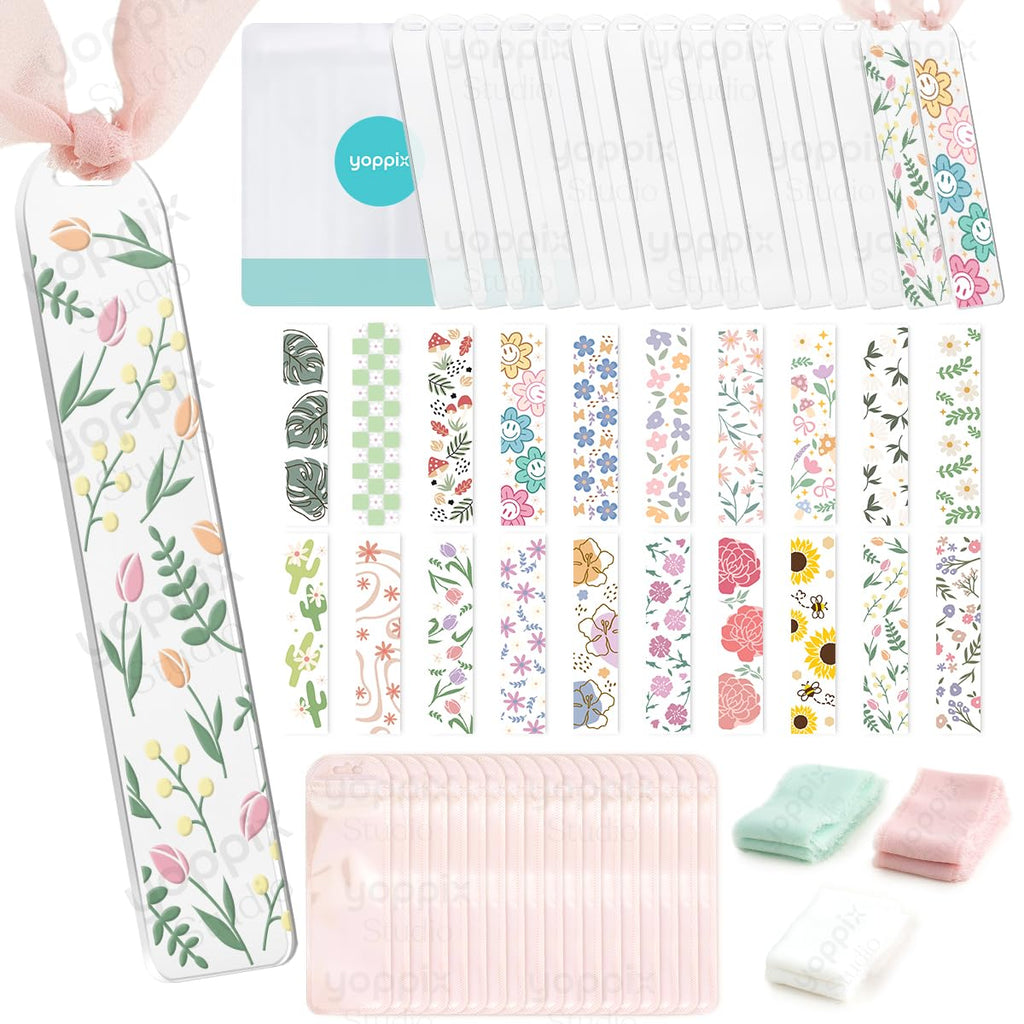 Yoppix 15 Pieces Acrylic Bookmark Blanks (3Mm) Thicken Clear Acrylic Bookmarks With 20 Pcs Floral Uv Dtf Sticker, 15 Pcs Ribbon,