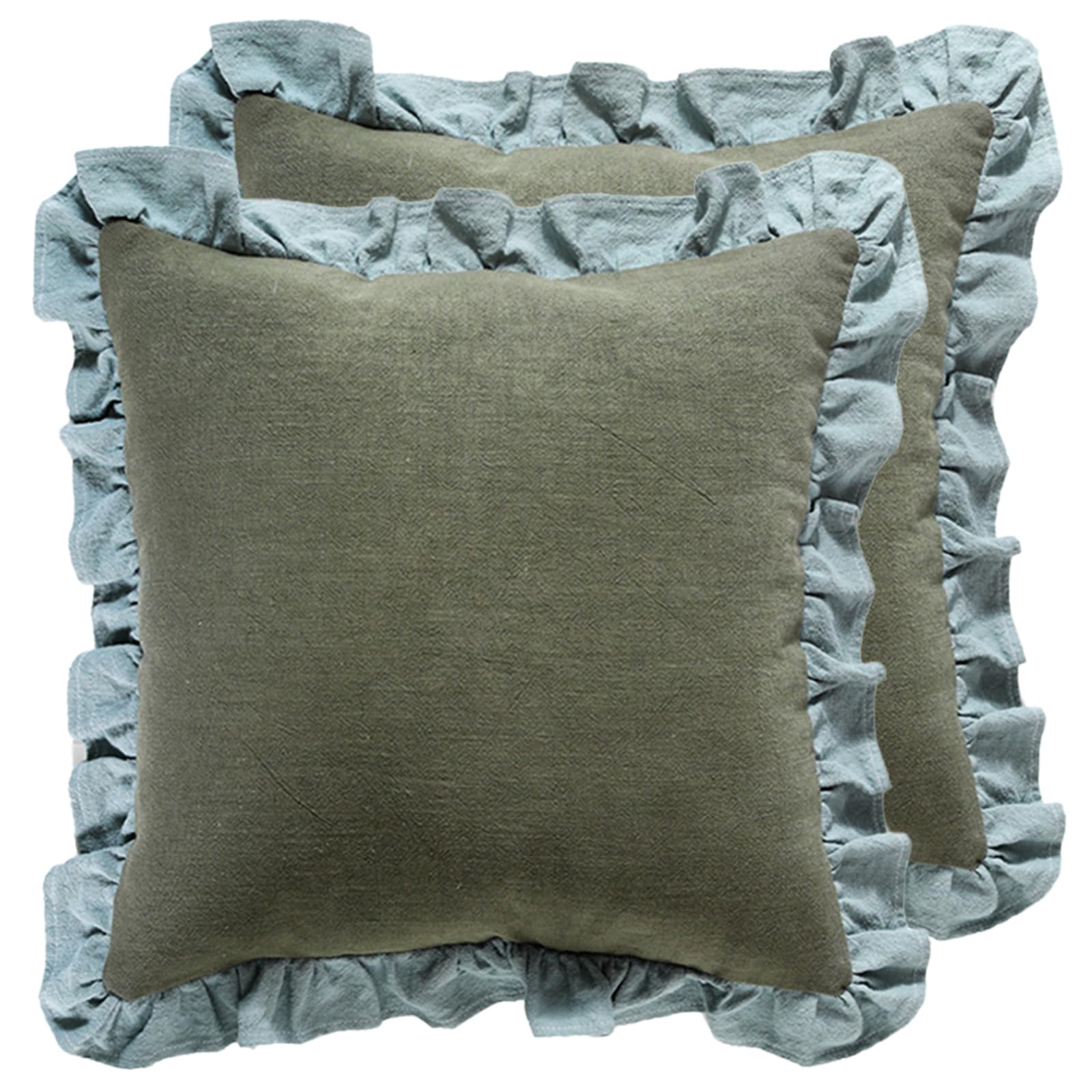 Patdrea Green Decorative Throw Pillow Covers 18X18 Set Of 2, Farmhouse Linen Pillow Covers With Ruffles, Square Sturdy Throw Pil