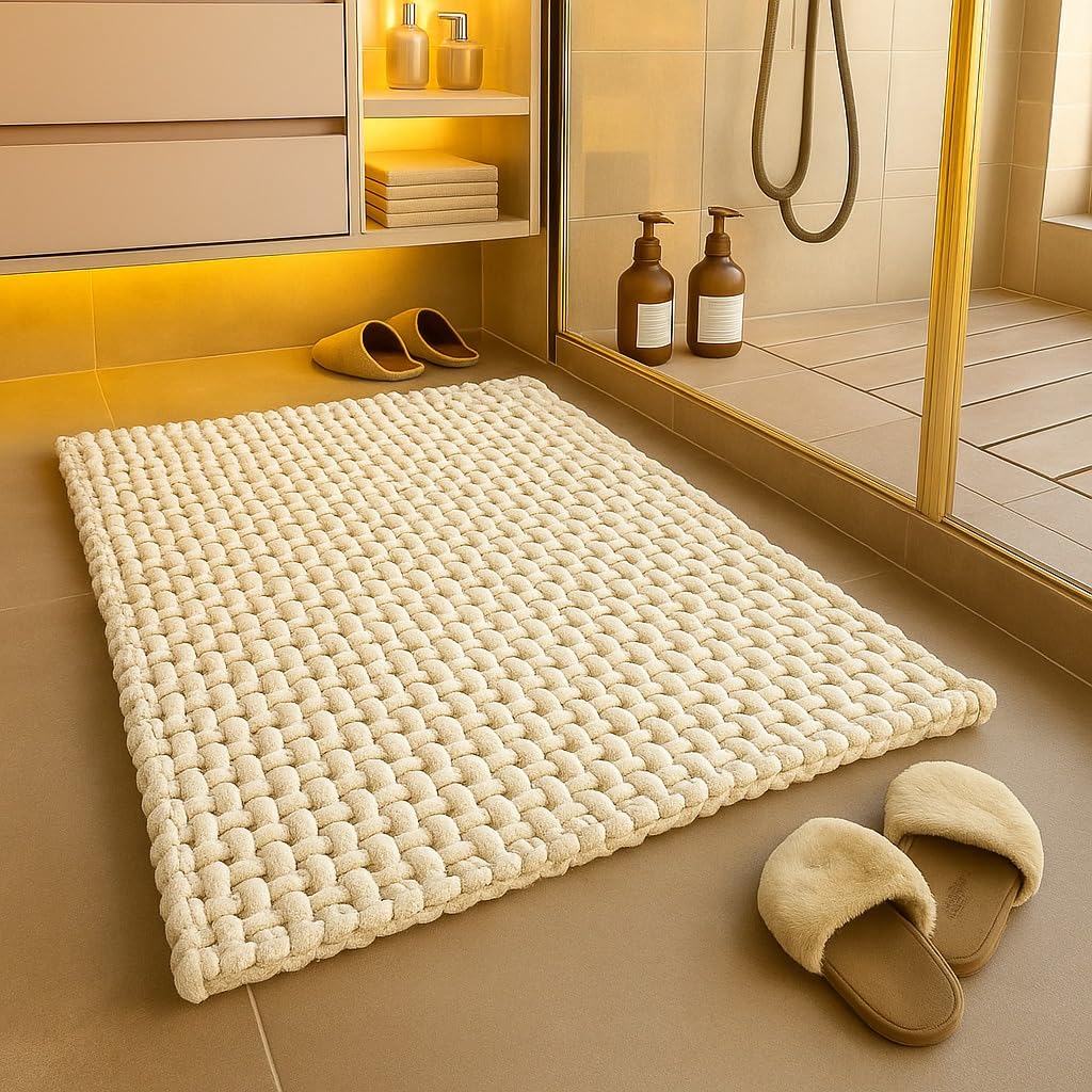 LAHOME Bathroom Mat Anti Slip Cotton Bath Door Floor Mat for Home Water Soak Absorbent (40 x 60 Cm, Offwhite)