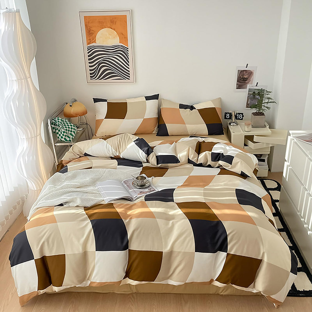 Luxlovery Beige Plaid Comforter Set Queen White Brown Plaid Bedding Comforter Checkered Geometric Blanket Quilts Soft Breathable