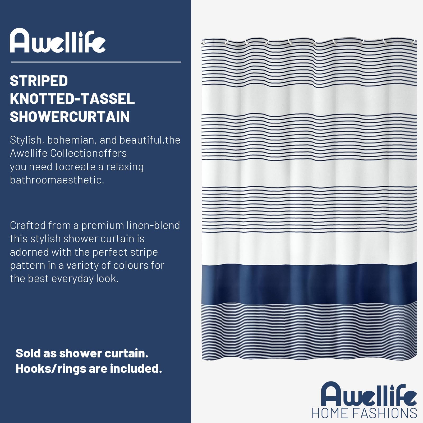 Awellife Boho Shower Curtain For Bathroom Stripe Shower Curtain 72 X 72 Inches Farmhouse Linen (Navy)
