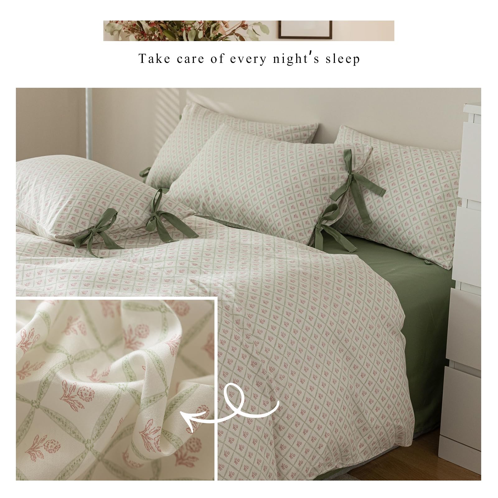 Boho Floral Duvet Cover Twin Garden Style Pink Flower Duvet Cover Cotton Plaid Grid Comforter Cover With 2 Bowknot Pillowcases C