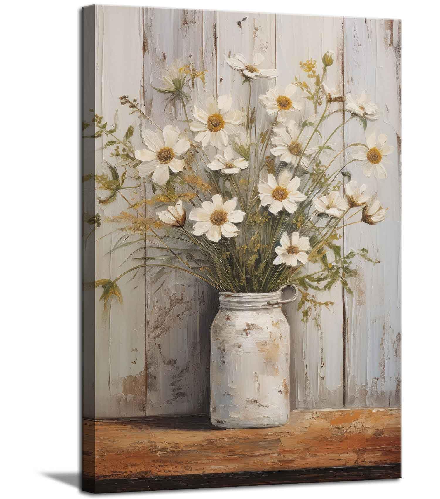 Rustic Farmhouse Daisy Canvas Wall Art Vintage Country Floral Wall Decor Picture Modern Flower Poster Print for Living Room Bedr